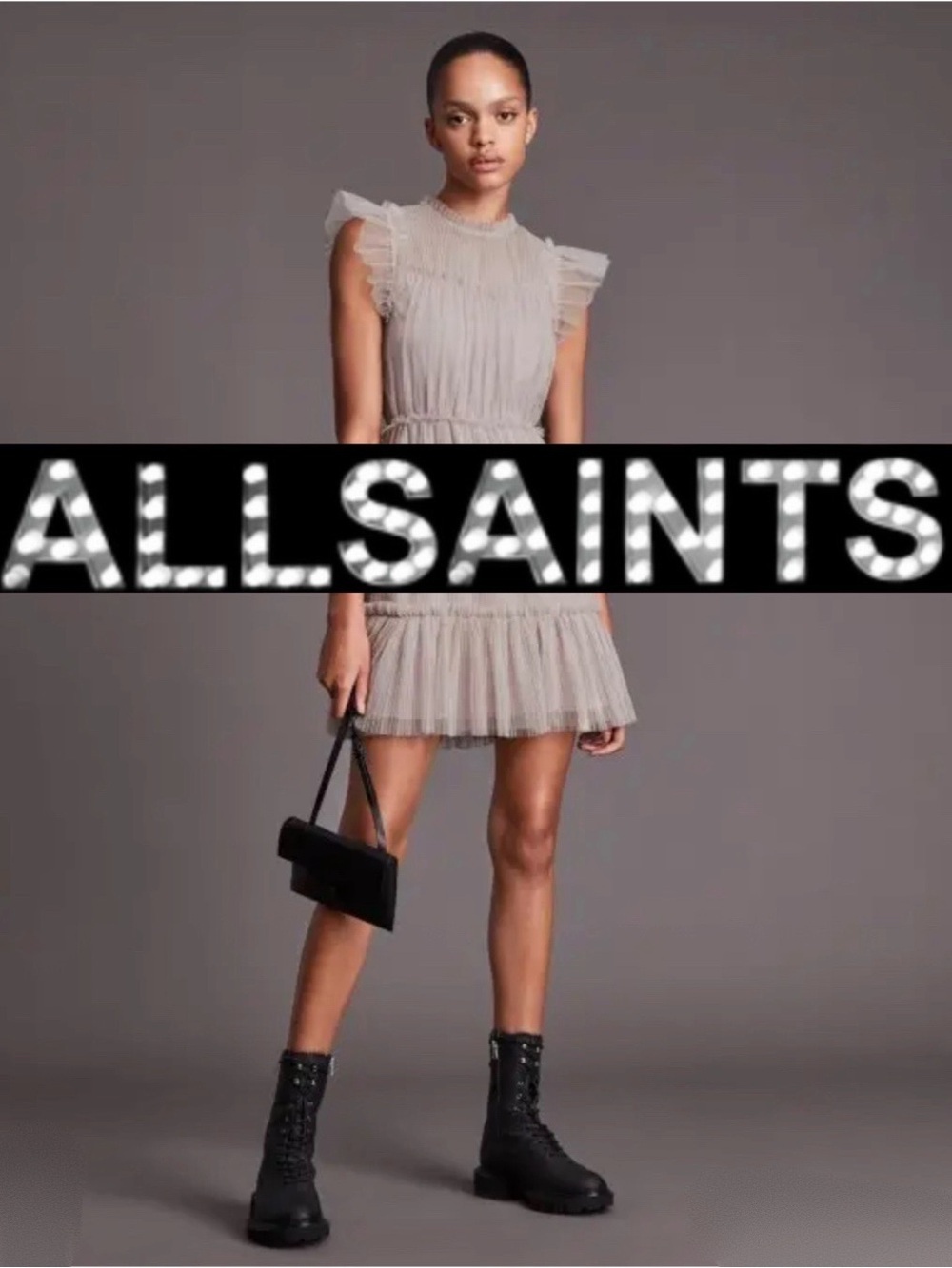 AllSaints pink sparkle Perri Dress size 6 NWT metallic nude pink tulle